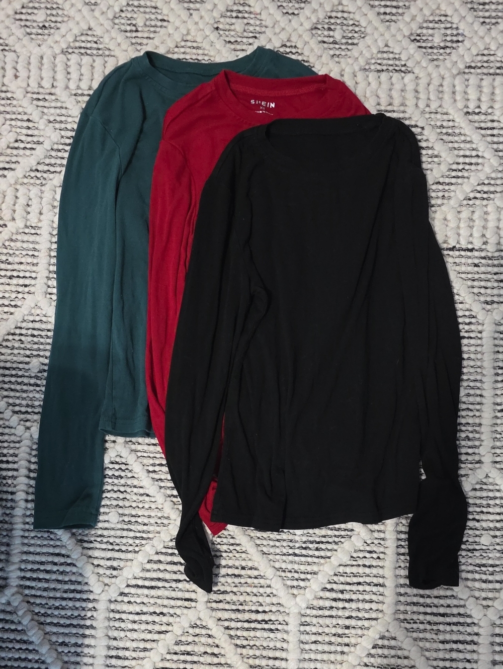 SHEIN Long Sleeve Crewneck Tops in Black, Red, Green